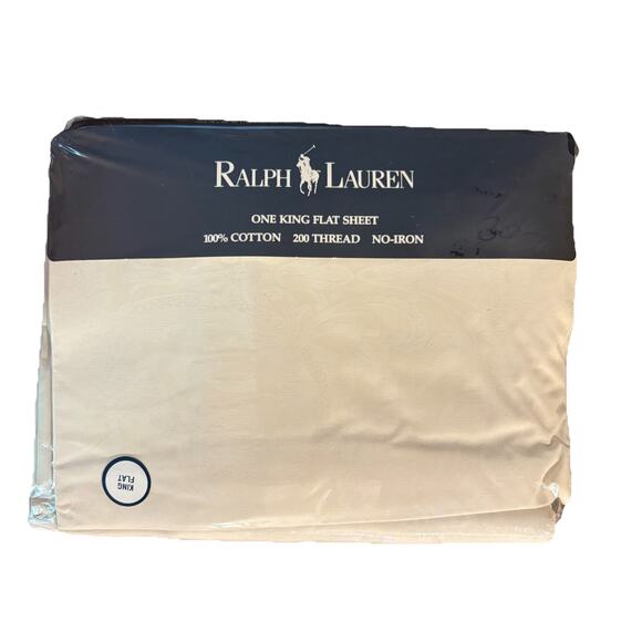 RALPH LAUREN DAMASK AVERY CREAM KING FLAT SHEET 100% COTTON 200 THREAD VTG NOS - Picture 7 of 7